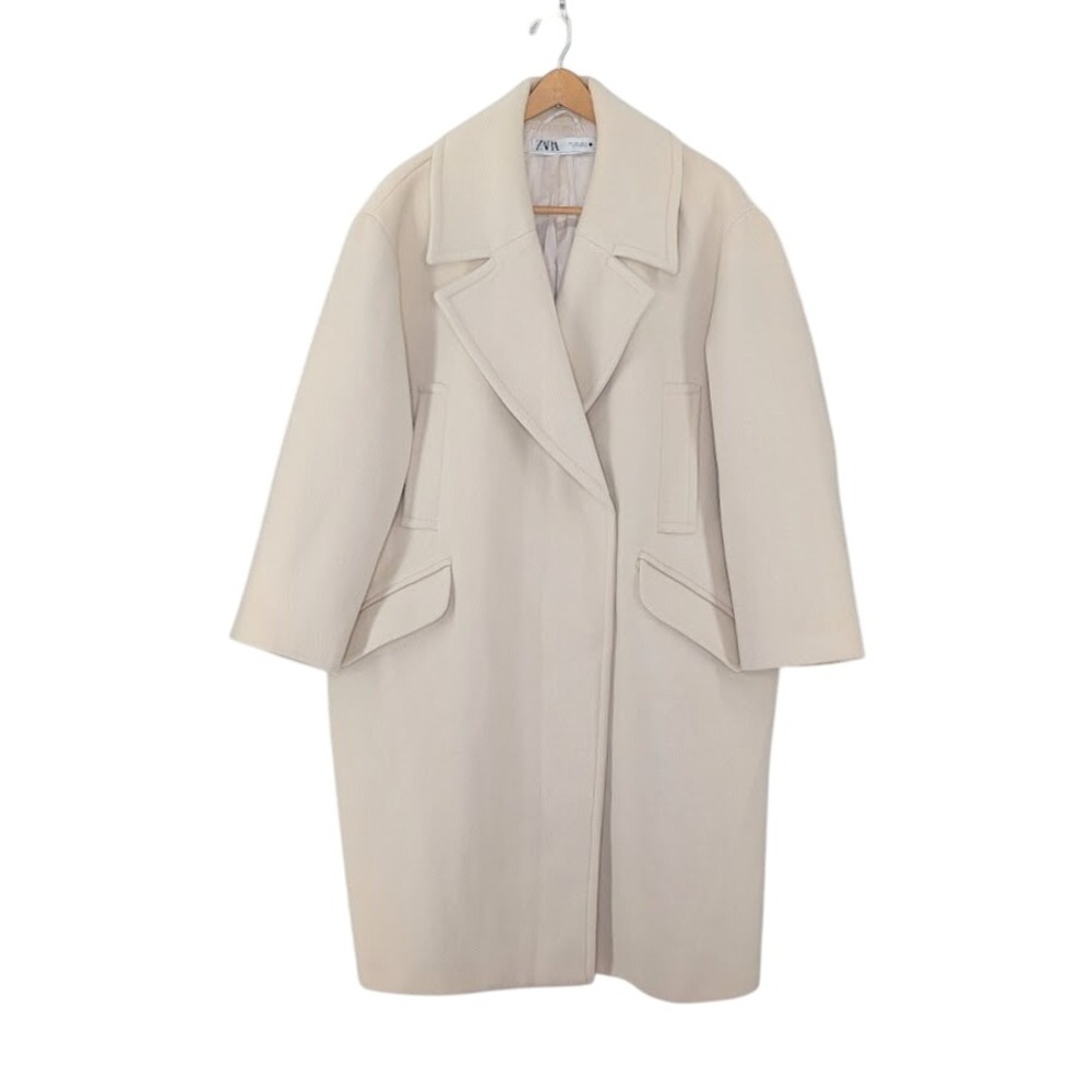 ZARA Cream Oversized Maxi‎ Coat size L 90s Minimalist Scandi Faux Wool Longline